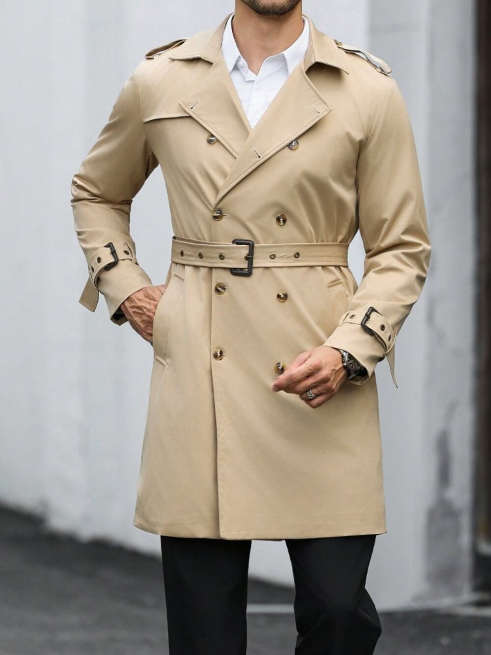 Khaki Business Commuting Men's Casual Loose Fit Trench Coat - Picture 3 of 7